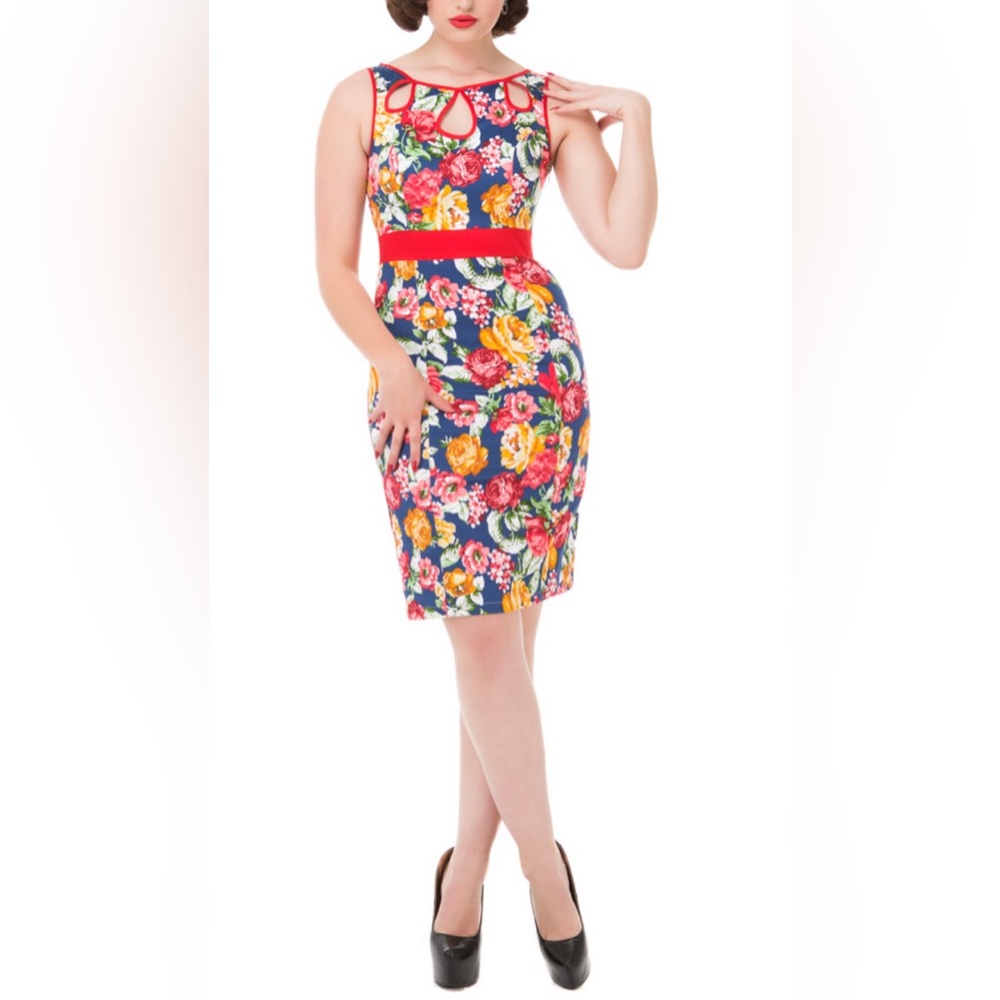 Hearts & Roses Floral Pinup Sheath Dress Size 14 Multicolor Tropical Sleeveless
